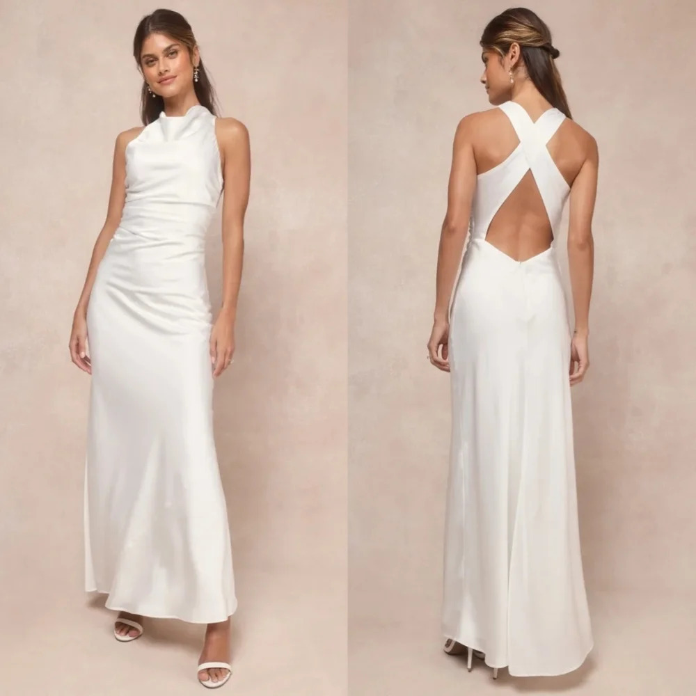 Lulus Effortlessly Sensational White Satin Backless Maxi Dress Wedding Party